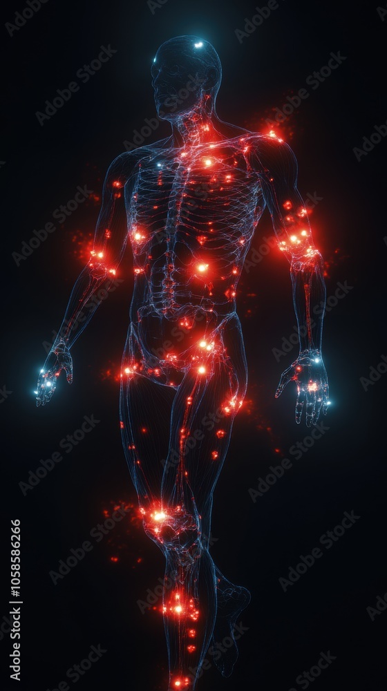 3D Rendered Human Body Illustration Highlighting Areas of Inflammation for Medical and Educational Use