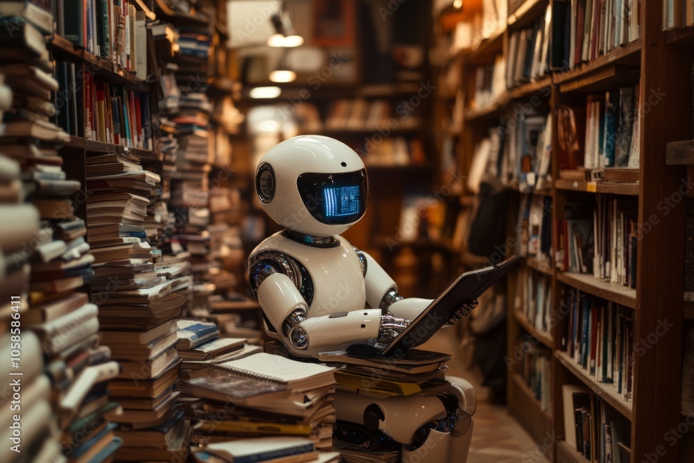 A cute robot sits in a cozy library filled with books. It is studying while using a laptop. This image captures technology and learning. Generative AI A cute robot sits in a cozy library filled with books. It is studying while using a laptop. This image captures technology and learning. Generative AI