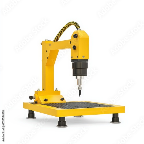 A yellow industrial robotic arm designed for precision tasks like engraving or machining.