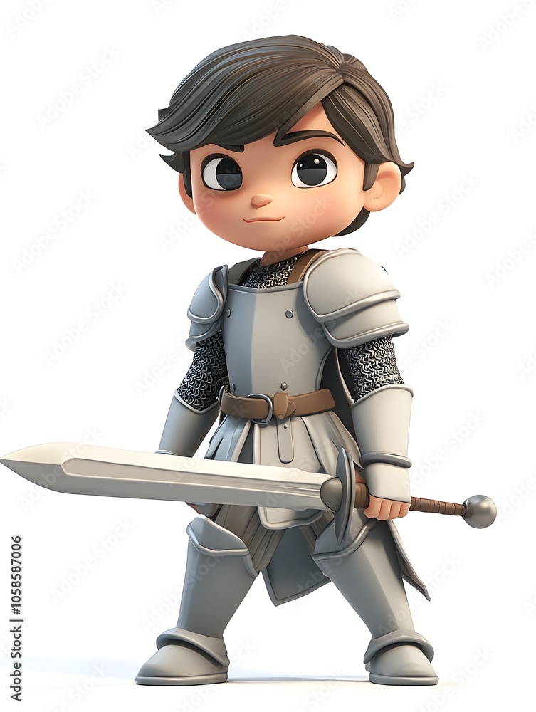 Brave Cartoon Boy Knight in Medieval Fantasy Adventure A 3D cartoon style digital of a young boy dressed as a knight holding a sword and shield