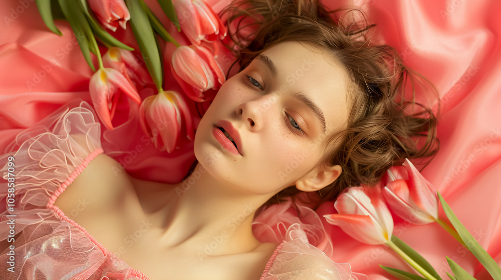 A model posing with tulips against a pink background. A model posing with tulips against a pink background.