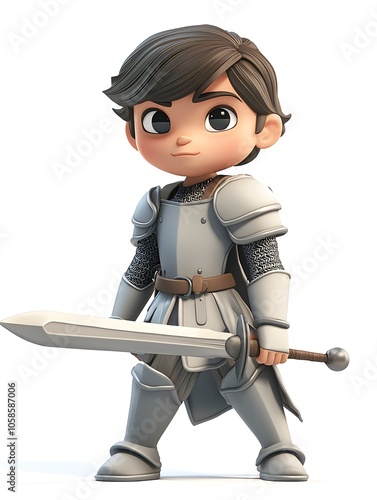 Obraz na płótnie Brave Cartoon Boy Knight in Medieval Fantasy Adventure A 3D cartoon style digital of a young boy dressed as a knight holding a sword and shield w salonie