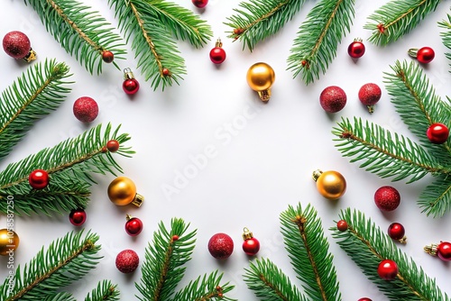 Minimalist Christmas Spruce Branches Top View White Background