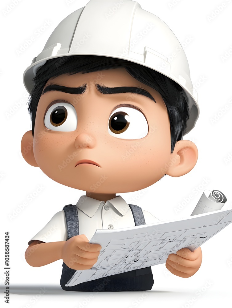 Cartoon style 3D image of a young boy dressed as a construction worker inspecting and analyzing engineering blueprints on a job site representing the planning design