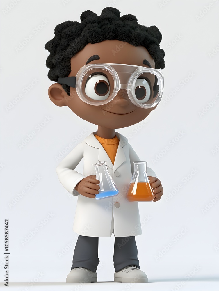 Cartoon Style 3D Image of a Curious Young Boy Dressed as a Scientist in a White Lab Coat Exploring the Fascinating World of Chemistry Education and Scientific Discovery