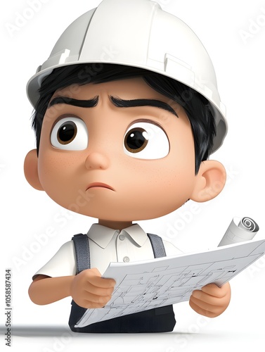 Cartoon style 3D image of a young boy dressed as a construction worker inspecting and analyzing engineering blueprints on a job site representing the planning design