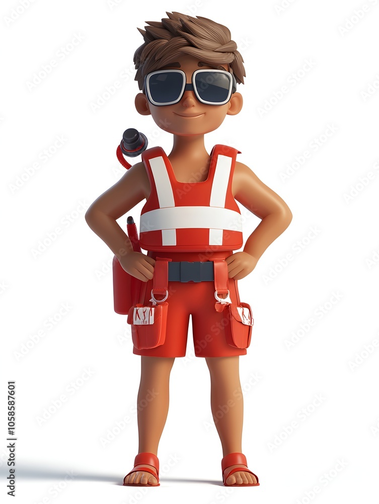 Cartoon style 3D of a young boy dressed in bright orange rescue vest goggles and gloves exploring outdoors with various tools and equipment ready for adventure and discovery