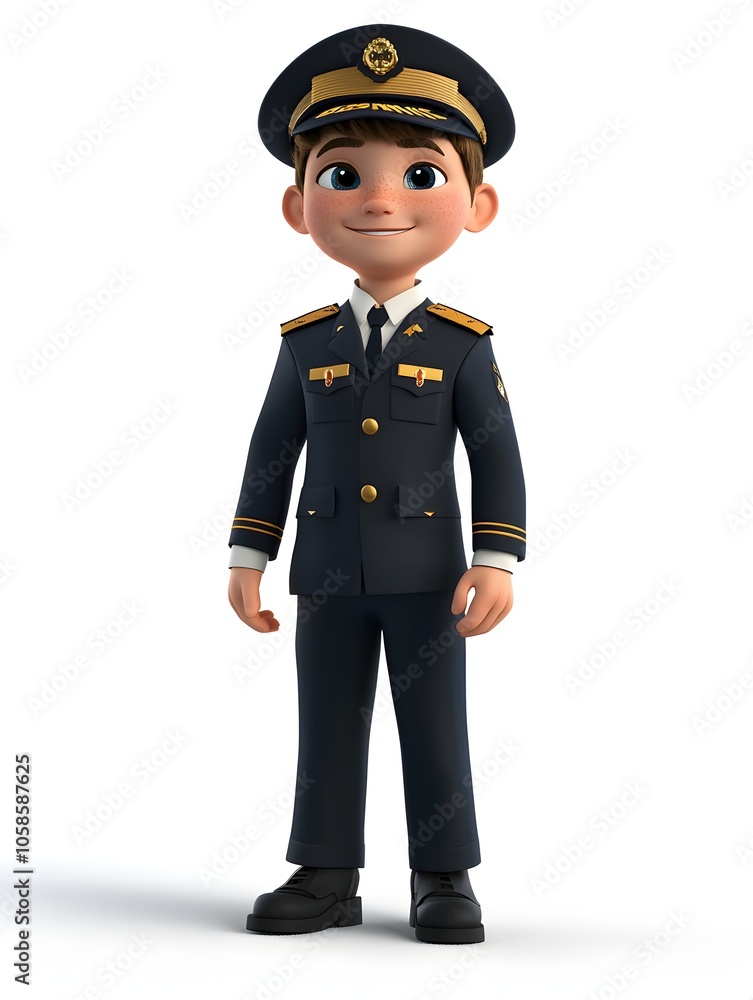 Cartoon style 3D of a young boy wearing a police officer uniform with cap badge and other details standing with a friendly cute expression and gesture