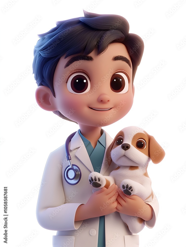 Cartoon style 3D of a young smiling boy dressed as a veterinarian holding and cuddling a friendly puppy in a medical office or clinic setting