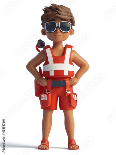 Obraz na płótnie Cartoon style 3D of a young boy dressed in bright orange rescue vest goggles and gloves exploring outdoors with various tools and equipment ready for adventure and discovery w salonie