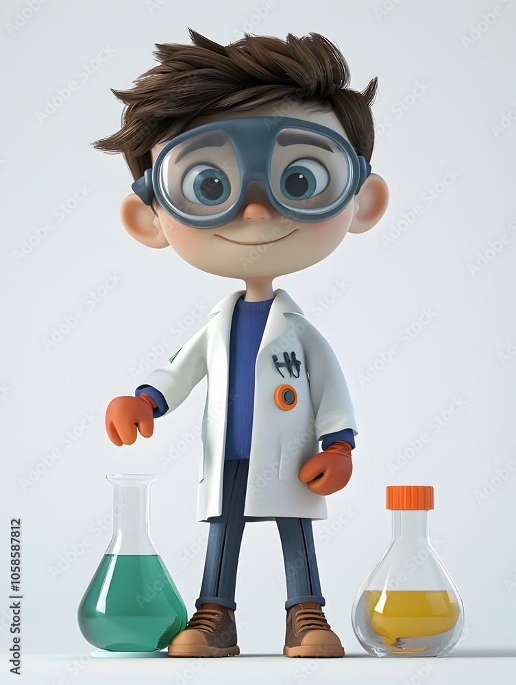 Cartoon Style Image of a Young Boy Dressed as a Scientist Investigating Chemistry Experiments with Beakers and Lab Equipment in a Laboratory Setting