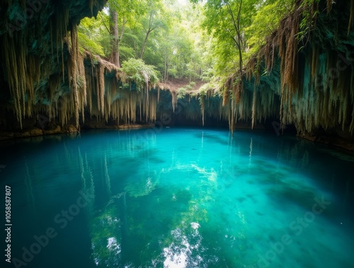 View from the cenote with crystal clear water to the top. The collapse of the karst relief in the cave. Travel and tourism. Natural well