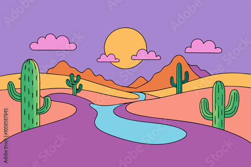 Cartoon Desert Sunset with Cacti, Sand Dunes & Oasis Path Under a Vibrant Sky