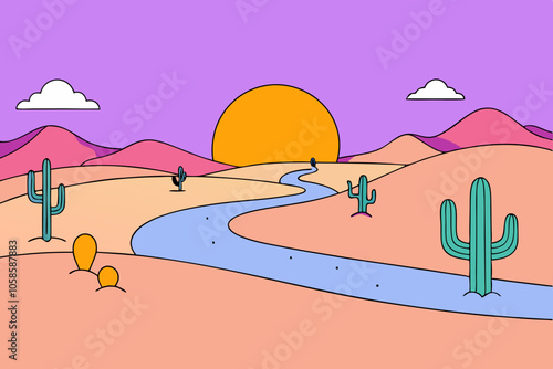 Cartoon Desert Sunset with Cacti, Sand Dunes & Oasis Path Under a Vibrant Sky