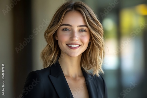 Confident Blonde Businesswoman in Black Blazer Smiling