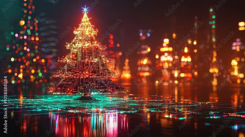 A beautifully illuminated Christmas tree reflects on a colorful background, creating a festive and enchanting holiday atmosphere. A beautifully illuminated Christmas tree reflects on a colorful background, creating a festive and enchanting holiday atmosphere.