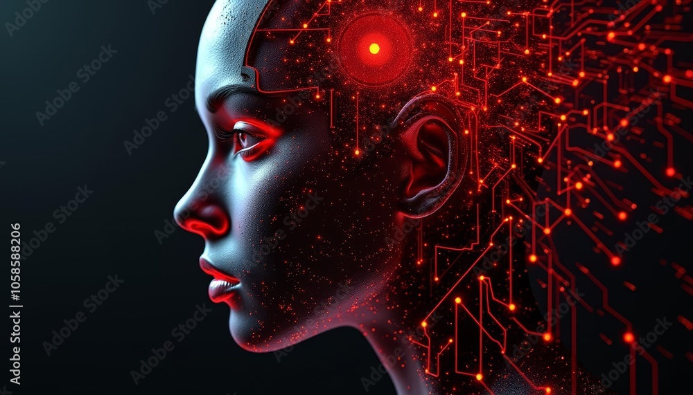 AI Woman Red Circuitry Digital Brain Technology AI Woman Red Circuitry Digital Brain Technology