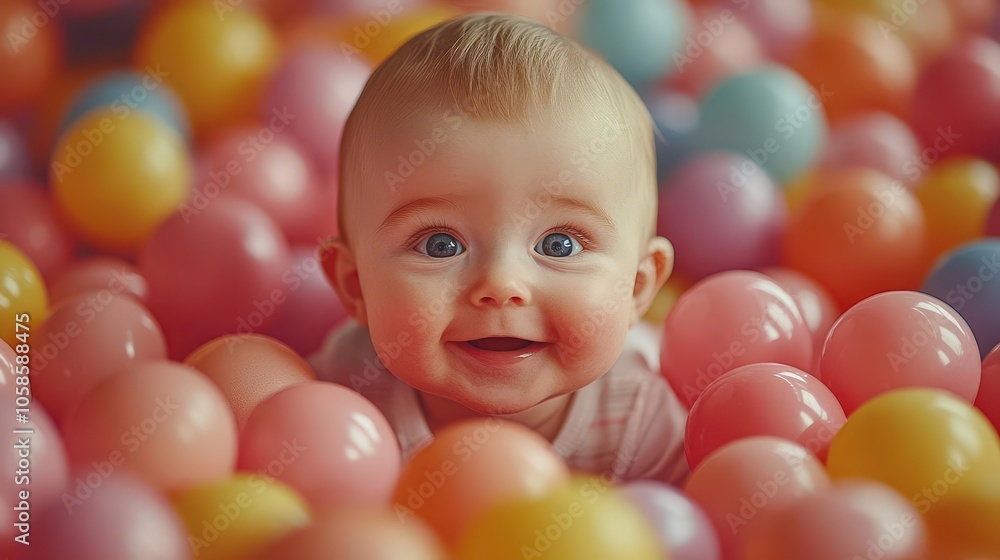 baby joyfully playing amidst a colorful ball pit filled with vibrant, soft balls, capturing the essence of childhood delight and playfulness in a cheerful, bright atmosphere baby joyfully playing amidst a colorful ball pit filled with vibrant, soft balls, capturing the essence of childhood delight and playfulness in a cheerful, bright atmosphere