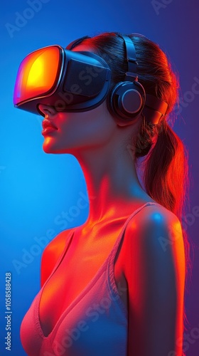 A woman wearing a VR headset in a vibrant, colorful setting.