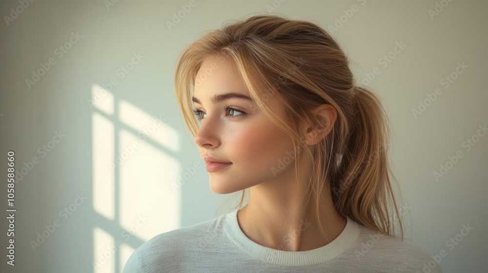 back view of a young woman with perfect blonde hair styled in a low ponytail, showcasing natural beauty and hair care, against a clean white studio background, promoting health and elegance back view of a young woman with perfect blonde hair styled in a low ponytail, showcasing natural beauty and hair care, against a clean white studio background, promoting health and elegance