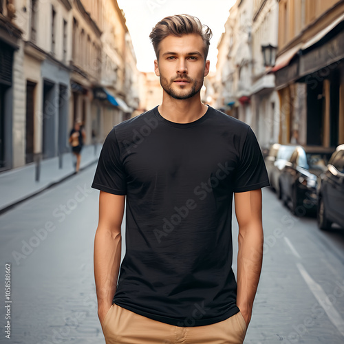 handsome person Young Model Shirt Mockup, Boy wearing black t-shirt on street in daylight, Shirt Mockup Template on hipster adult for design print, Male guy wearing casual t-shirt mockup placement