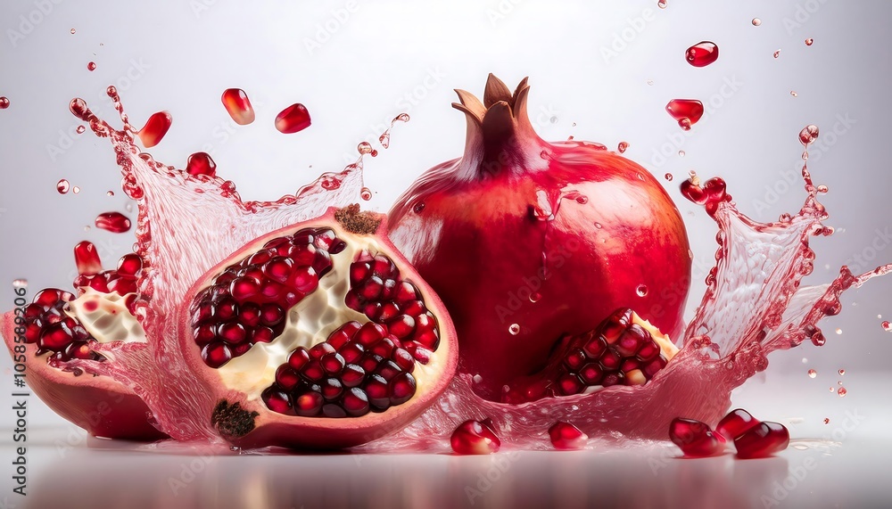 Fresh Pomegranate a few slices and a splash of Fresh Pomegranate juice form a dynamic image against a white background