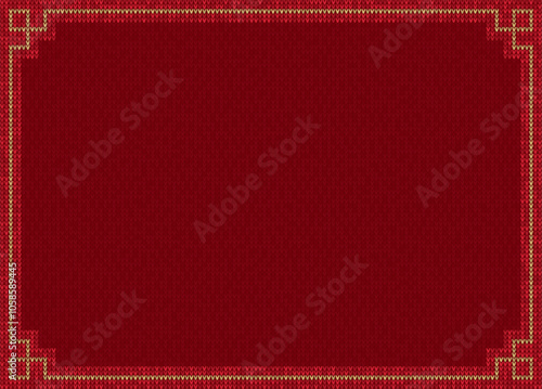 Vector elegant red frame with fine gold line and knitted fabric texture. Holiday invitations. Christmas cards.