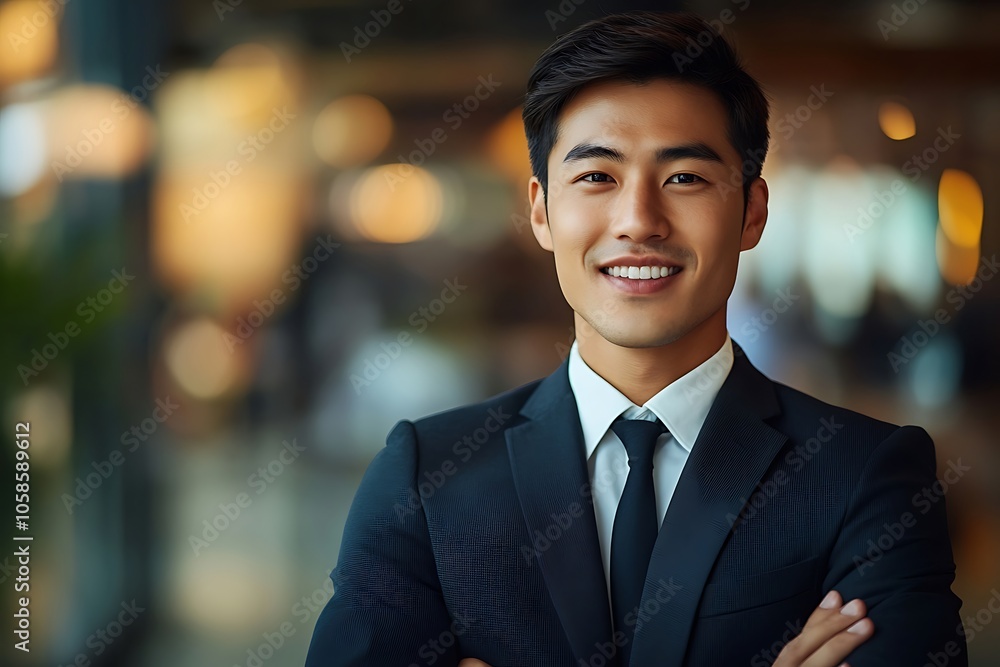 Confident Asian Businessman in Navy Suit and White Shirt Smiling Confident Asian Businessman in Navy Suit and White Shirt Smiling