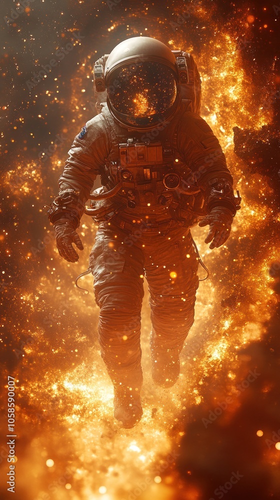 Fototapeta premium Astronaut floating through a fiery cosmic environment.