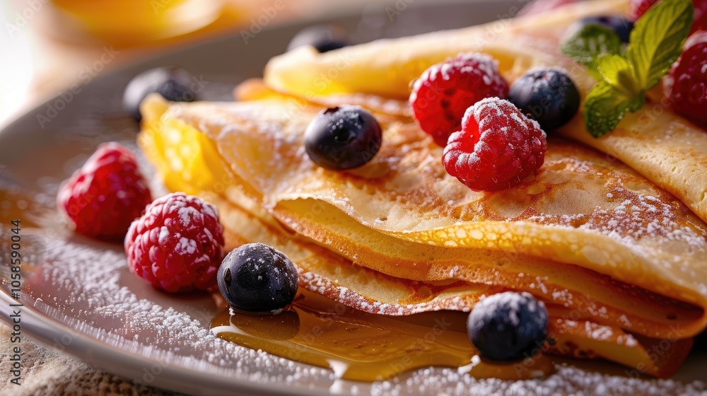 Stack of homemade crepes with berries and honey for breakfast. Stack of homemade crepes with berries and honey for breakfast.