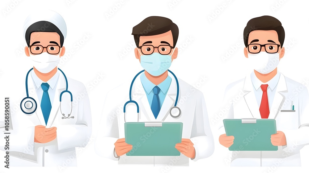 Three illustrated doctors wearing masks and lab coats, each holding medical tools, emphasizing healthcare and professionalism. Three illustrated doctors wearing masks and lab coats, each holding medical tools, emphasizing healthcare and professionalism.