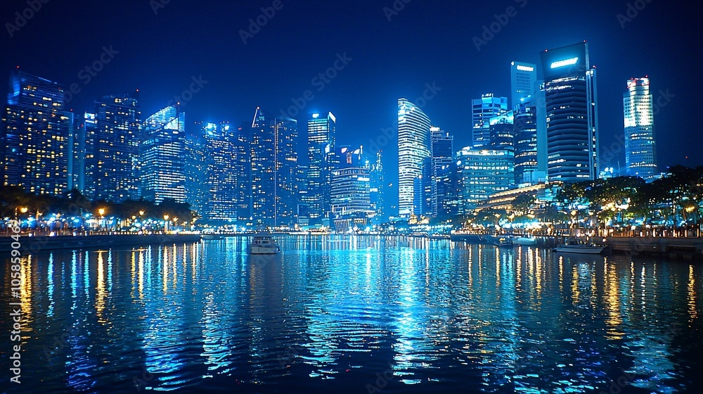 Fototapeta premium Stunning Night Skyline of a Modern City with Reflections in the Water