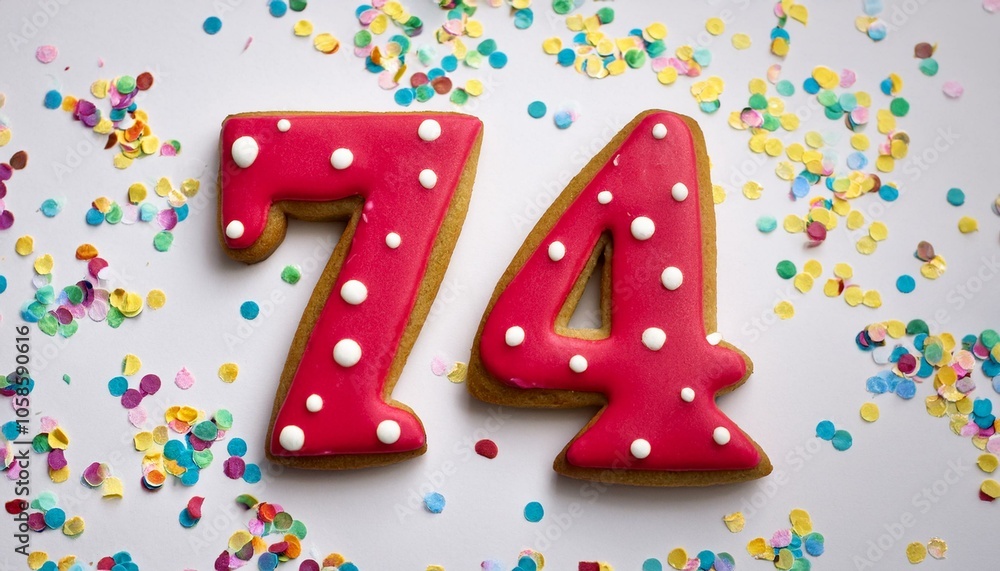 Decorated cookie, number 74, image for birthday or anniversary celebration