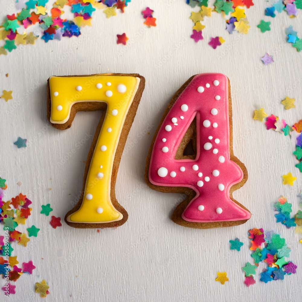 Decorated cookie, number 74, image for birthday or anniversary celebration