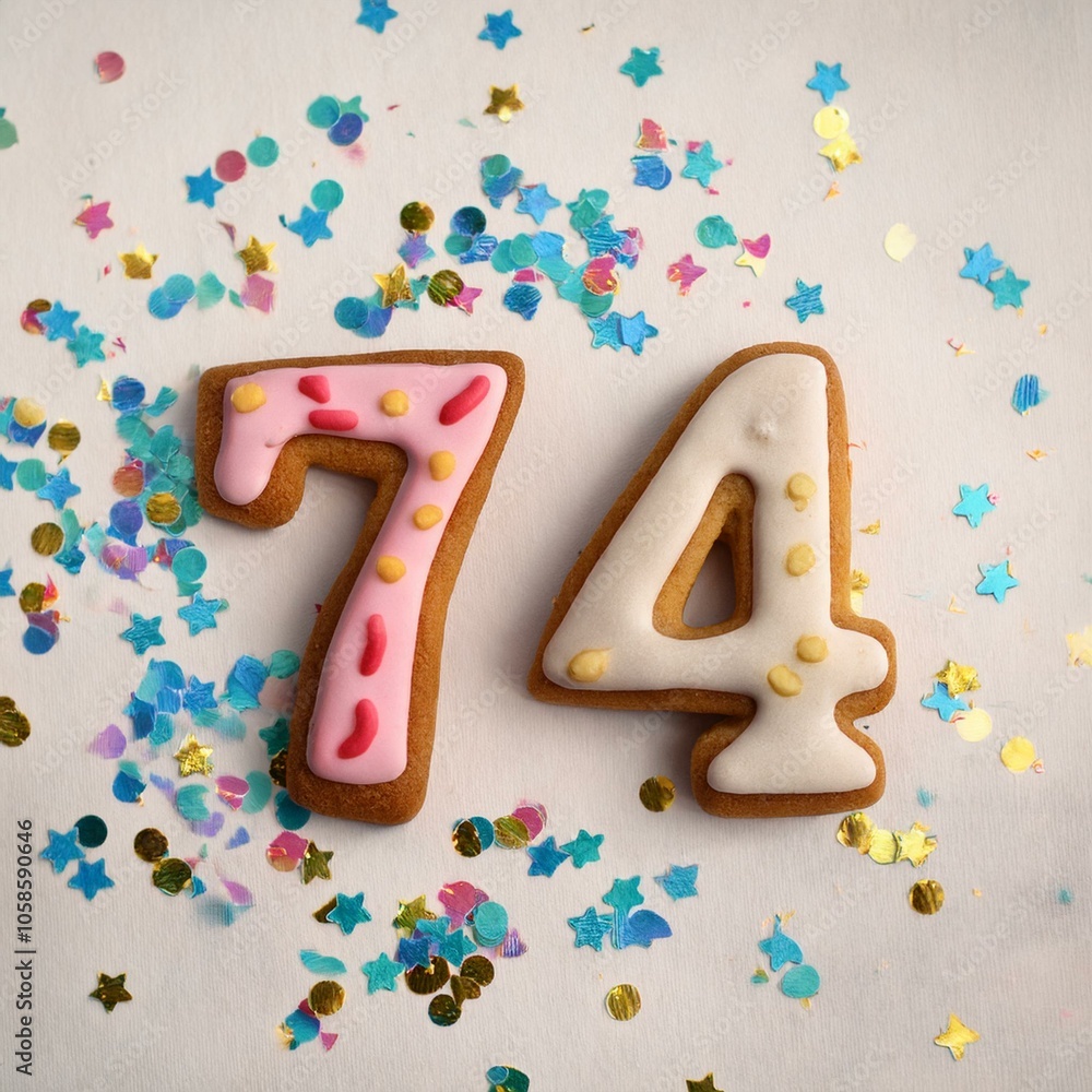 Decorated cookie, number 74, image for birthday or anniversary celebration Decorated cookie, number 74, image for birthday or anniversary celebration