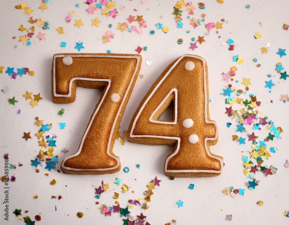Decorated cookie, number 74, image for birthday or anniversary celebration Decorated cookie, number 74, image for birthday or anniversary celebration