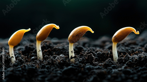 Close-up view of four sprouting seeds emerging from dark, rich soil with a contrasting dark background, emphasizing growth and nature concepts. photo