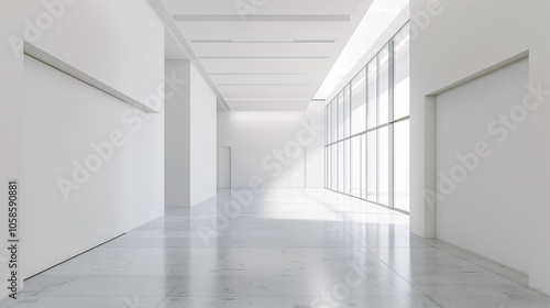 A modern white office corridor or hallway features a large window overlooking the meeting room.