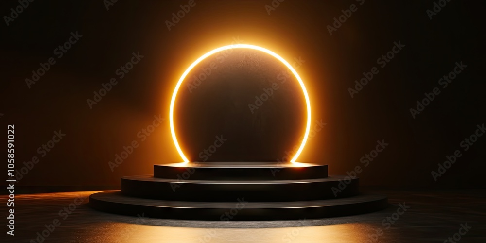 A sophisticated black luxury podium stand is set against a radiant light backdrop, incorporating elements of anime in its design. A sophisticated black luxury podium stand is set against a radiant light backdrop, incorporating elements of anime in its design.