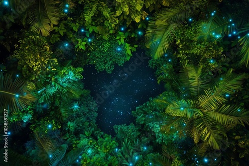 Fototapeta Naklejka Na Ścianę i Meble -  Aerial view of a lush, green jungle illuminated by twinkling fireflies against a starry night sky, creating a magical and serene atmosphere.