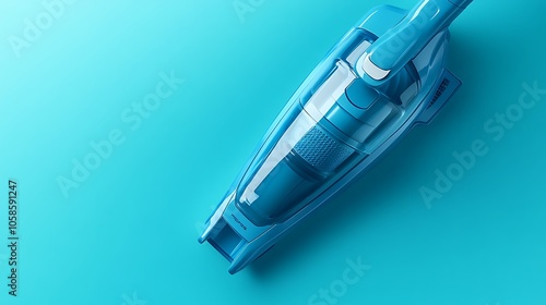 A sleek blue vacuum cleaner on a solid turquoise background, showcasing modern design.