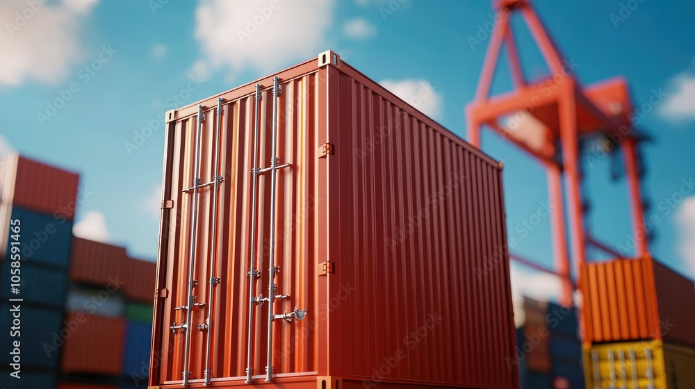 Fototapeta premium Busy port scene featuring stacked shipping containers under a clear sky