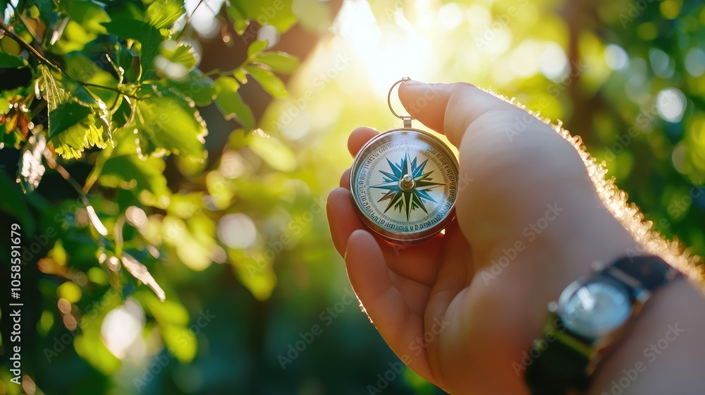 A hand holding a compass in nature with blurred background light and trees A hand holding a compass in nature with blurred background light and trees