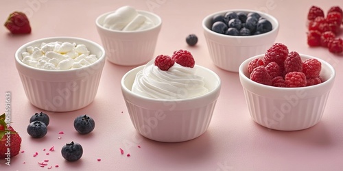 Ingredients such as milk and yogurt are presented neatly in bowls, showcasing their arrangement and emphasizing the focus on these dairy products. photo