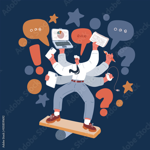 Cartoon vector illustration of a businessman balancing on a stack of precariously placed financial documents, symbolizing the challenges and instability of the corporate world over dark background