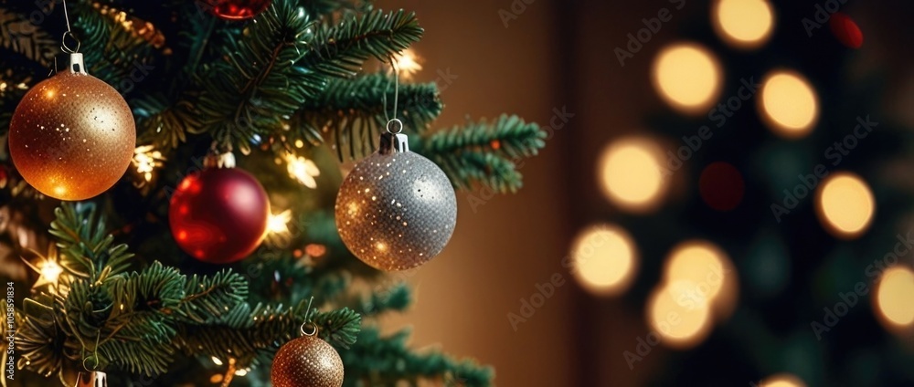 A lush, magnificent Christmas tree richly adorned with ornaments stands beautifully indoors. A lush, magnificent Christmas tree richly adorned with ornaments stands beautifully indoors.