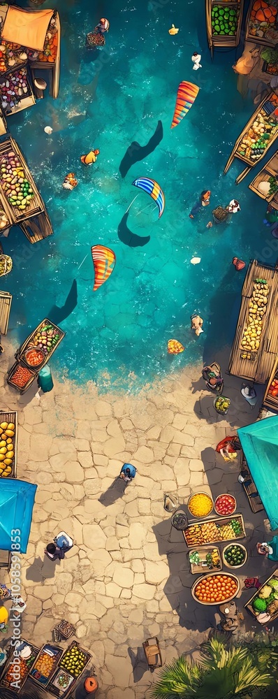 Naklejka premium An abstract overhead view of a marketplace with a blue water stream running through the center. The stalls are filled with goods and the stream is filled with swirling shapes.