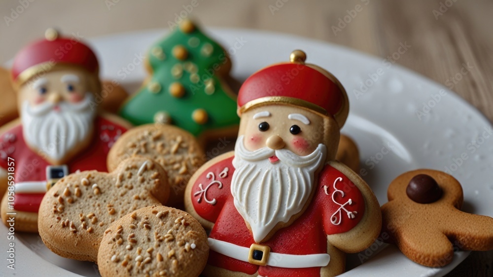 Fototapeta premium Delicious cookies featuring Saint Nicholas on a porcelain plate set on a table.