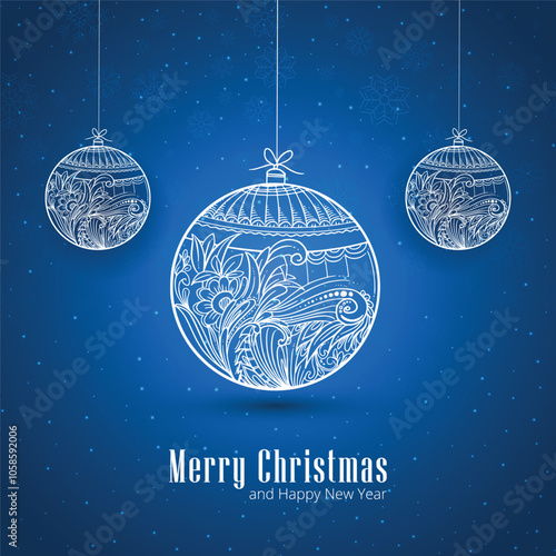 Decorative artistic  hanging  christmas balls on bluev card background