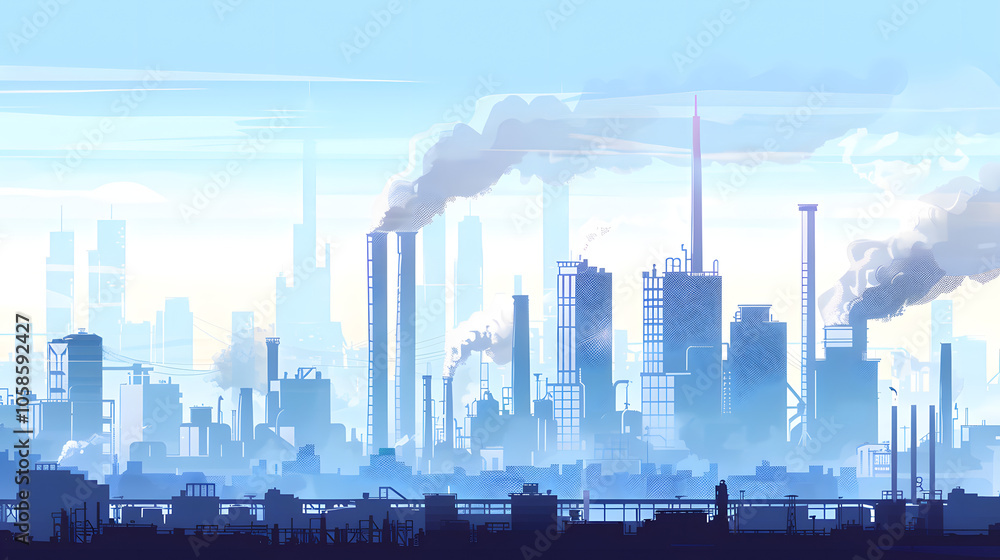 Factory complex with chimneys in a mountainous landscape, flat graphic style, forested background. Concept of industry and nature. Vector illustration. Factory complex with chimneys in a mountainous landscape, flat graphic style, forested background. Concept of industry and nature. Vector illustration.